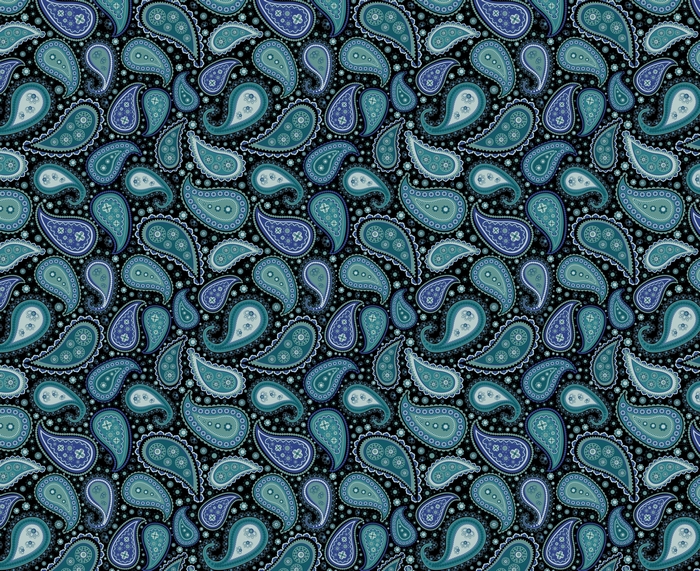 Teal and blue paisley pattern on black background