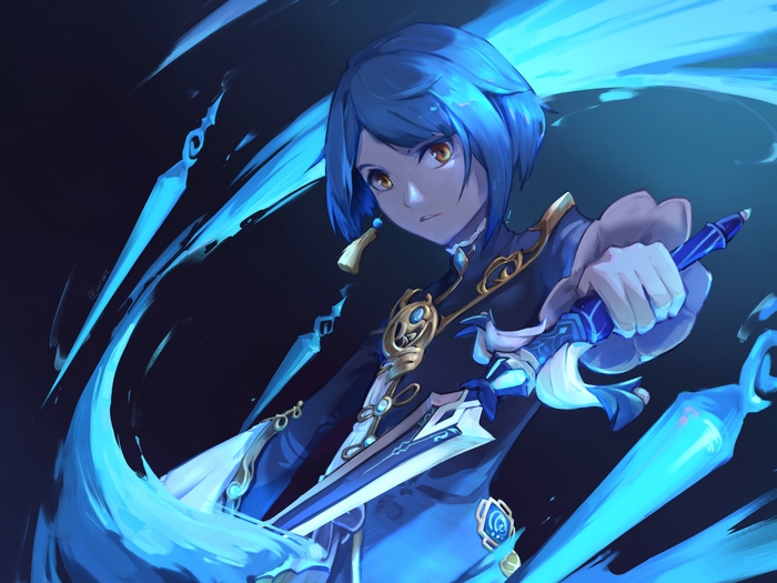 Xingqiu from Genshin Impact with blue hair and yellow eyes