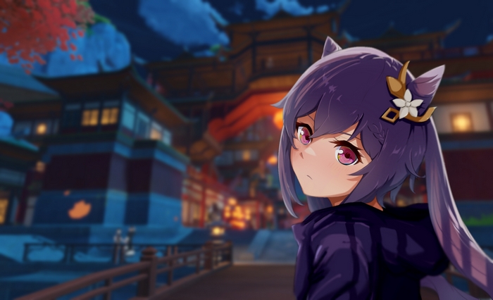 Keqing from Genshin Impact in Liyue Harbor at night