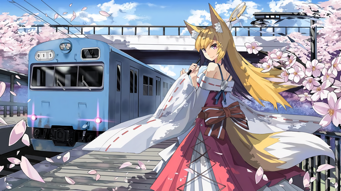 Kitsune girl at a train station with cherry blossoms