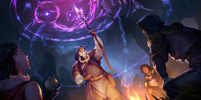 Elderly mage casting spell with staff, surrounded by companions