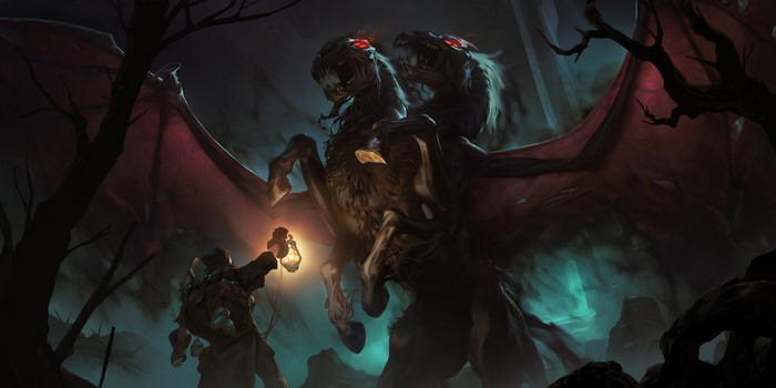 Two-headed demonic horse with wings and a man with a lantern