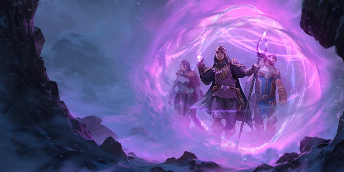 Three adventurers in a magical portal in Legends of Runeterra
