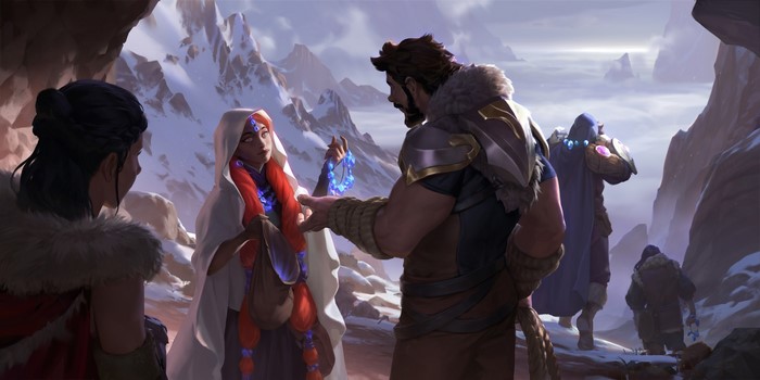 Characters in a snowy mountain landscape from Legends of Runeterra