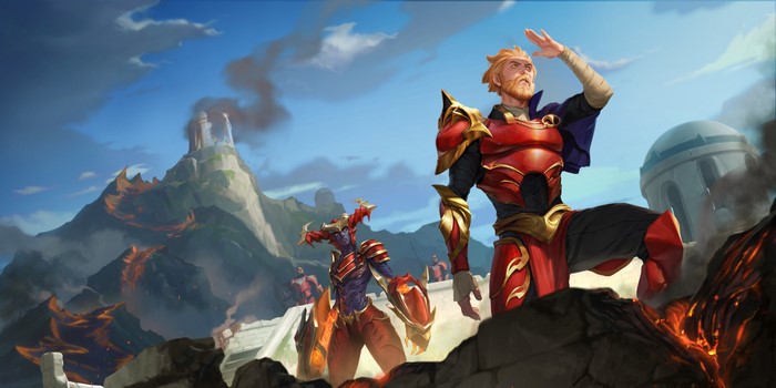 Warriors overlooking a volcanic landscape in Legends of Runeterra