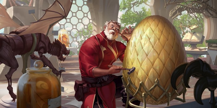 Professor Heimerdinger with a golden egg in his laboratory