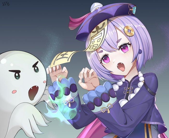 Qiqi from Genshin Impact with a ghost