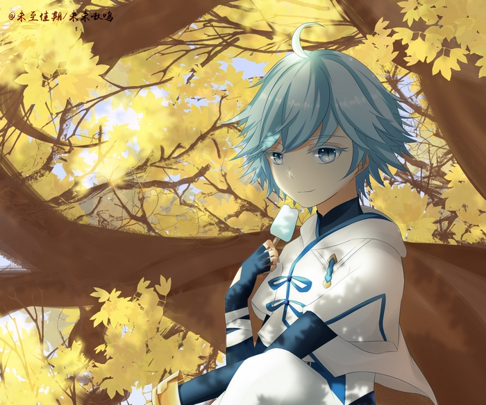 Chongyun from Genshin Impact eating popsicle under autumn tree