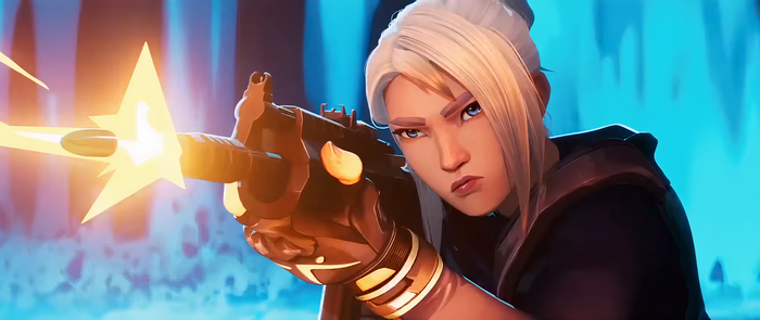 Jett from Valorant firing a gun