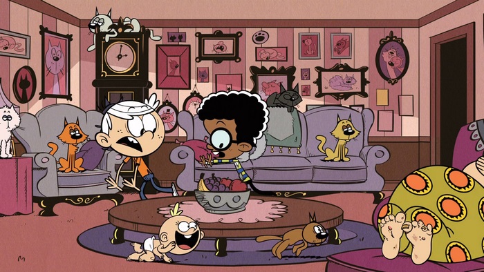 The Loud House: Lincoln and Clyde in a cat-filled living room
