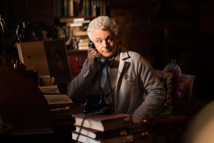 Aziraphale from Good Omens on the phone