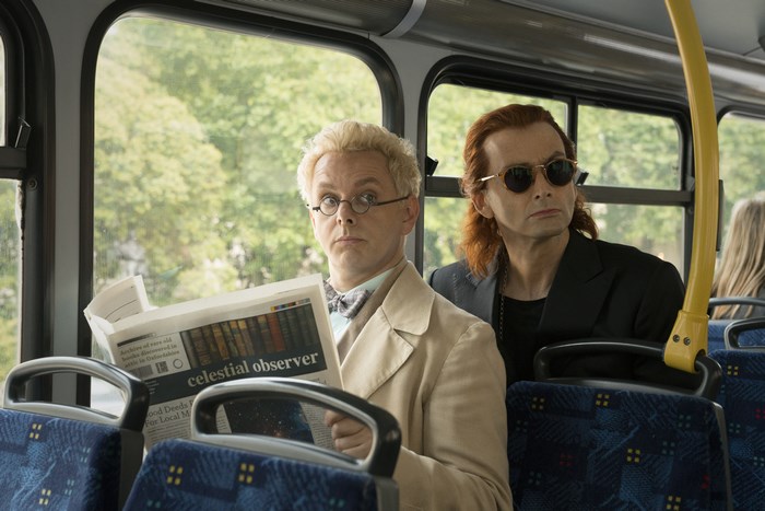 Aziraphale and Crowley from Good Omens on a bus