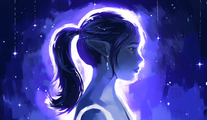 Serena from Pokémon with blue starry background