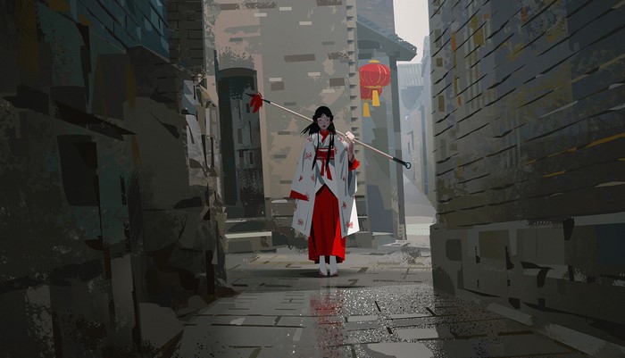 Girl in traditional Chinese clothing in a narrow street