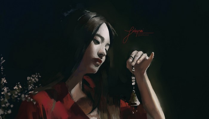Painting of a Japanese woman holding a bell