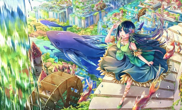 Anime girl with whales and koi fish in a fantasy city