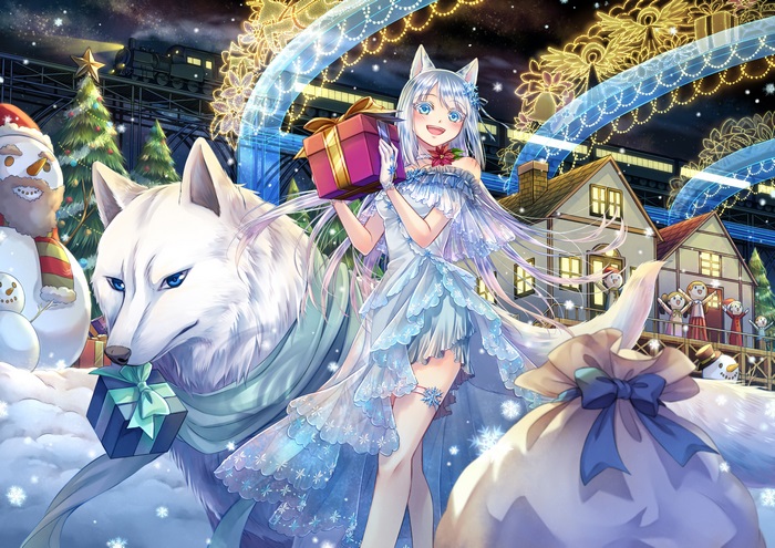 Girl with wolf and gifts in winter village