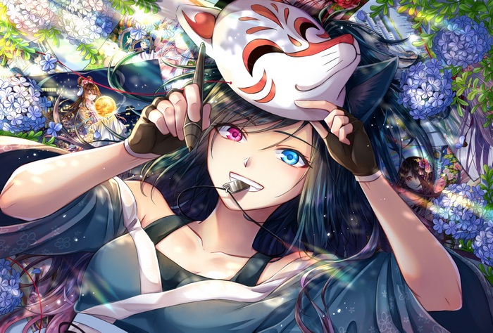 Girl with Kitsune mask and heterochromia