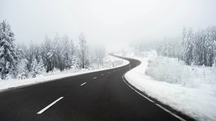Winding road through a snowy forest in fog
