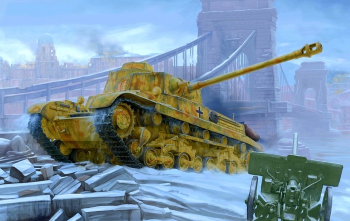 Yellow tank in a snowy city with a bridge