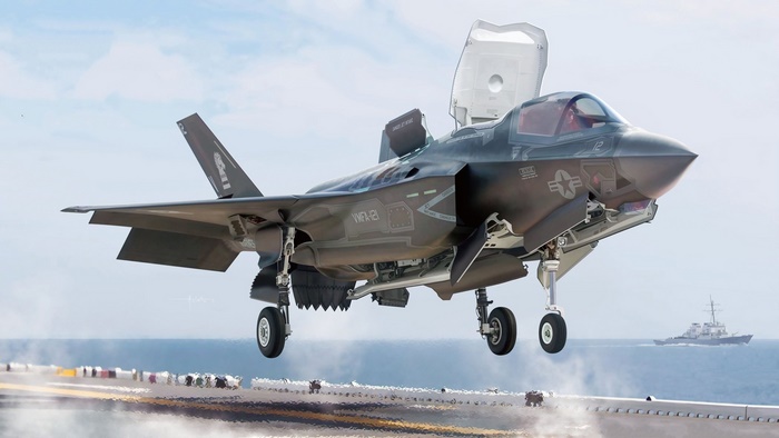 F-35B Lightning II Jet Fighter Landing on Aircraft Carrier