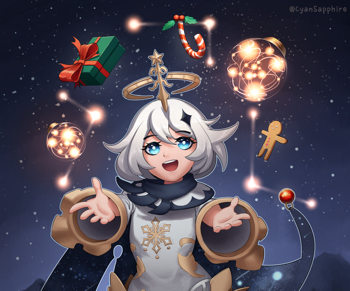 Paimon from Genshin Impact with Christmas decorations