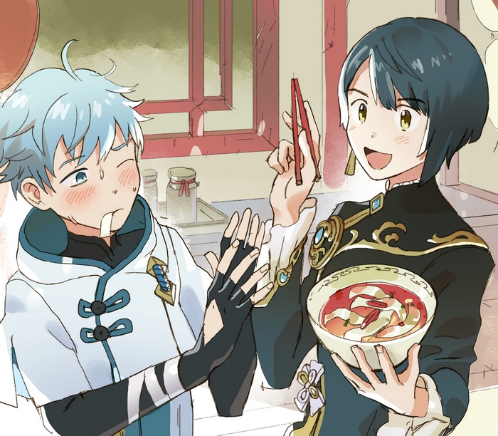 Xingqiu and Chongyun from Genshin Impact eating