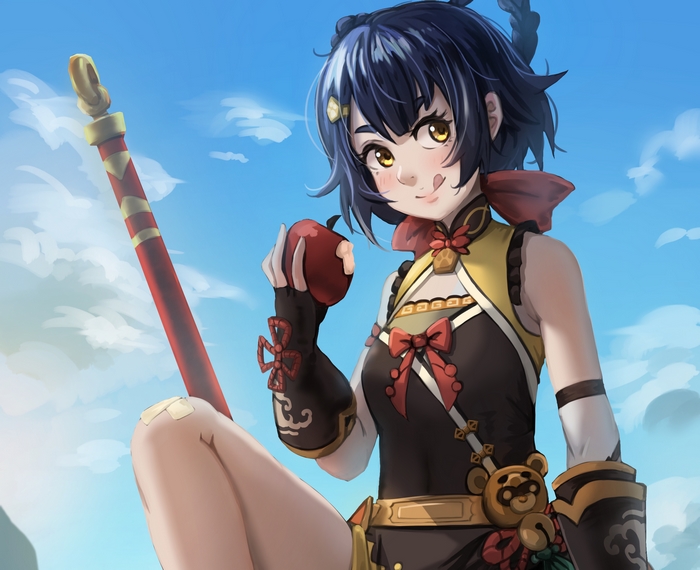 Xiangling from Genshin Impact eating an apple