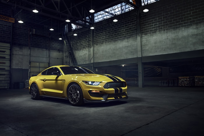 Yellow Ford Mustang GT350 4K in a warehouse