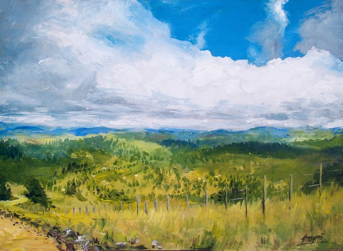 Painting of a rolling landscape with clouds