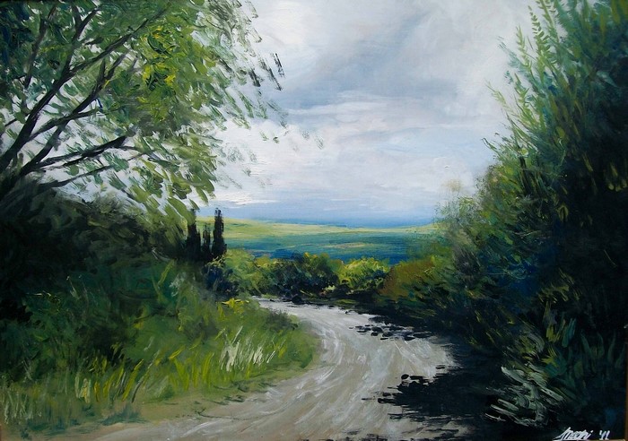 Oil painting of a winding road through a green landscape