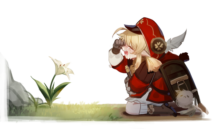 Klee from Genshin Impact crying next to a lily