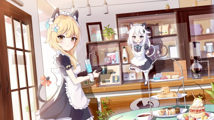 Lumine and Paimon from Genshin Impact in maid outfits