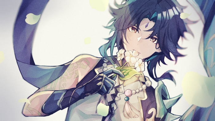 Xiao from Genshin Impact holding flowers