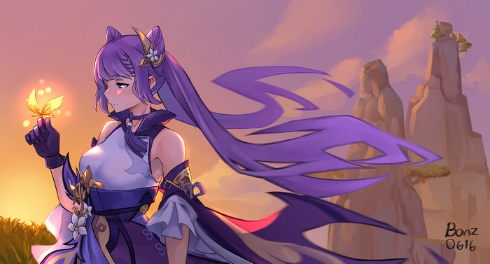 Keqing from Genshin Impact with a glowing butterfly