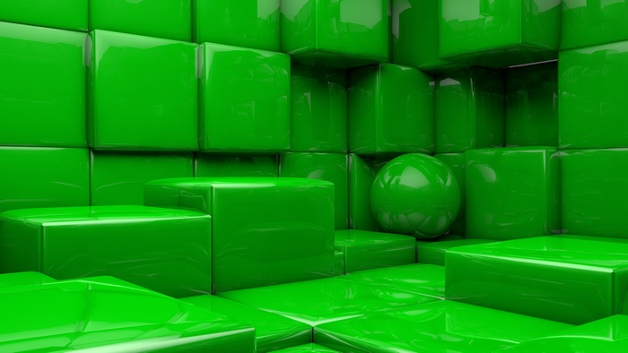 Abstract green cubes and sphere in 3D digital art