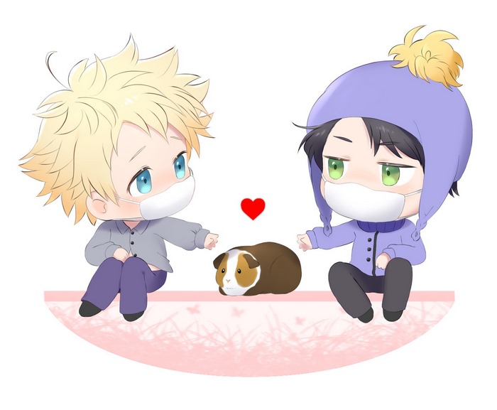 Craig Tucker and Tweek Tweak from South Park with a guinea pig
