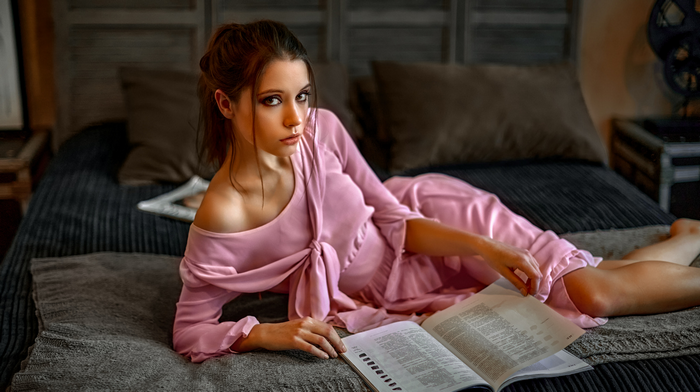 Ksenia Kokoreva Reclining in Pink Dress