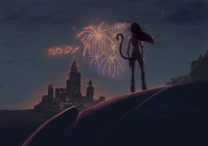 Cat Girl Watching New Year 2021 Fireworks Over City