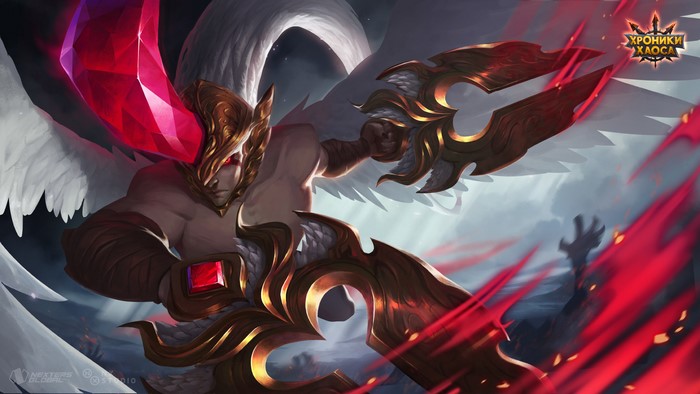 Character from Hero Wars with red gems and wings