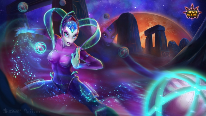 Celeste from Hero Wars in a cosmic landscape