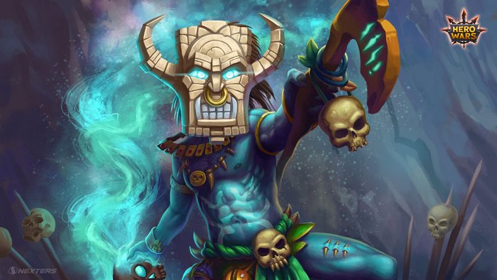 Hero Wars character with tiki mask and skulls