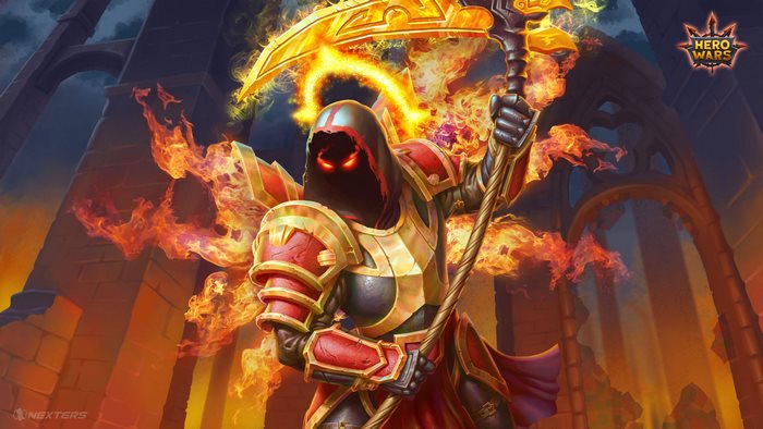 Hero Wars character with flaming scythe