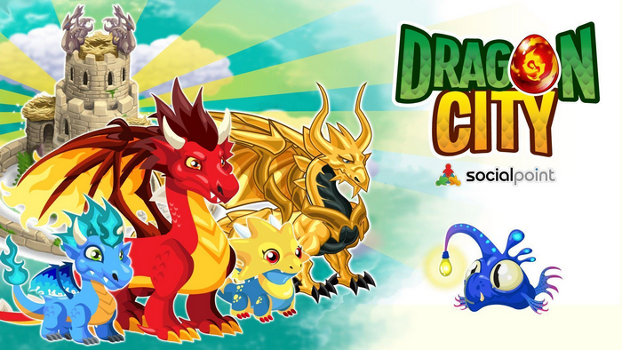 Dragon City game art with dragons and castle
