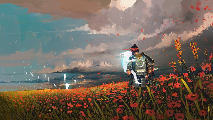 Samurai carrying a woman in a field of poppies