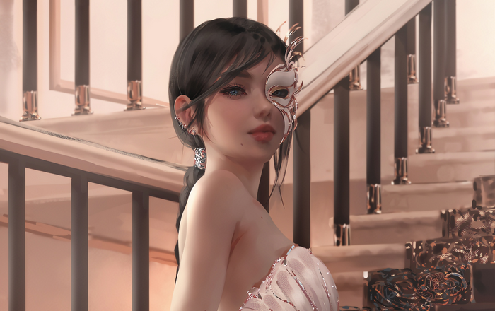 Girl wearing a masquerade mask on a staircase
