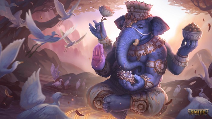 Ganesha with Lotus and Birds in Serene Setting