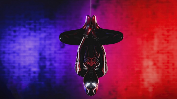Miles Morales from Marvel Comics hanging upside down