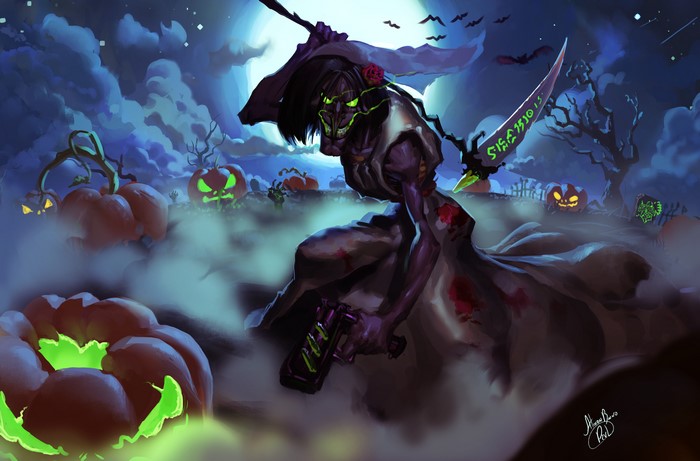 Halloween character with scythe and pumpkins in a graveyard