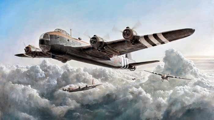 British Heavy Bomber Stirling Mk.IV flying through clouds